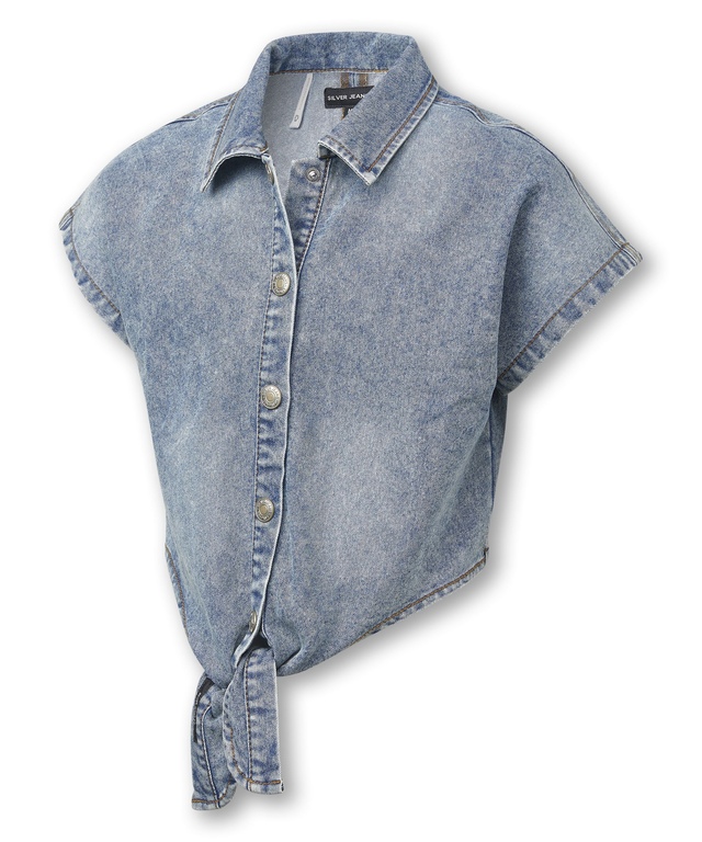 Chemise à manches courtes en denim à devant noué pour enfants, Silver