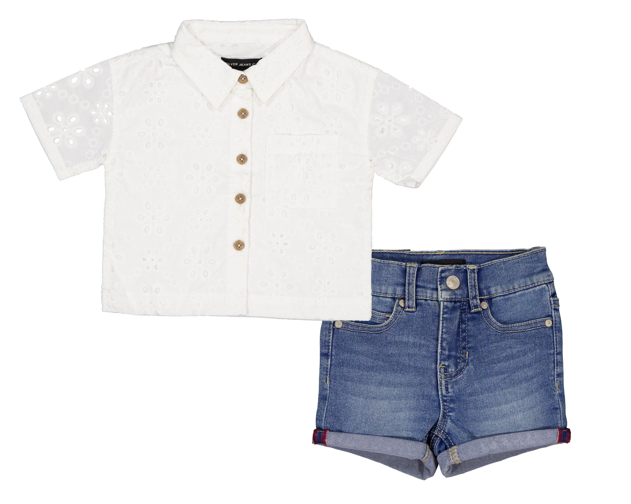 Ensemble avec haut ajouré à manches courtes pour petites filles, Silver