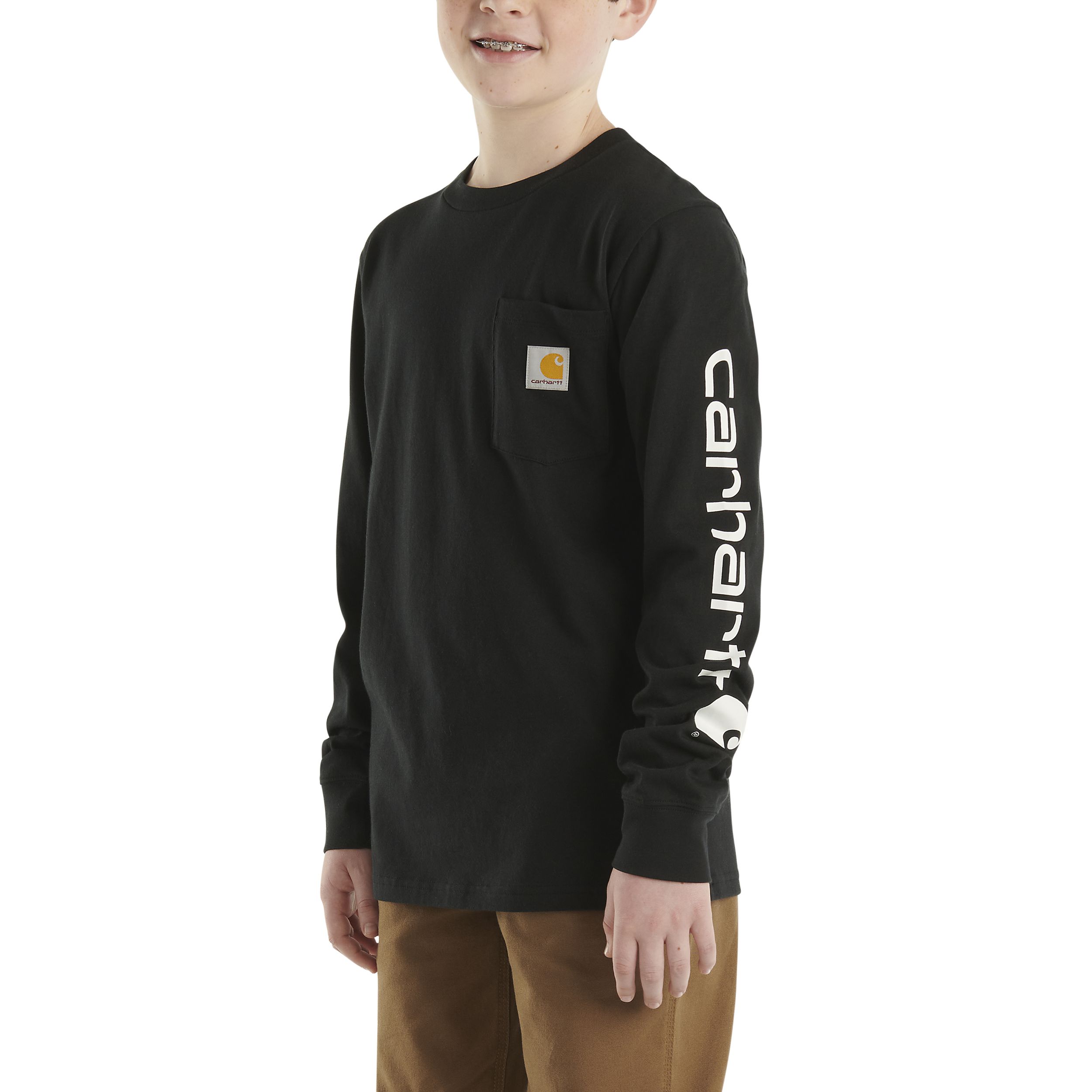 Carhartt Youth Boy's Long Sleeve Logo Pocket Crewneck T-Shirt