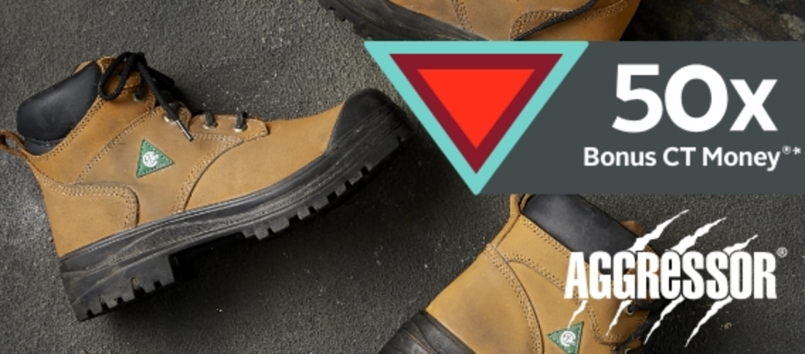 Collect CT Money®* faster  when you purchase Aggressor Safety Footwear. Offer valid June 5 - 11.  *Conditions apply. 