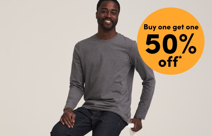 All Regular-Priced Men's Denver Hayes Stretch + 50 Wash T-shirts, Henleys, Polo's + Turtlenecks Buy one get one 50% OFF*