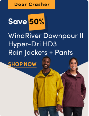 "Door Crasher All Regular-Priced Women's, Men's + Kids' WindRiver Downpour II Hyper-Dri HD3 Rain Jackets + Pants Save 50%"