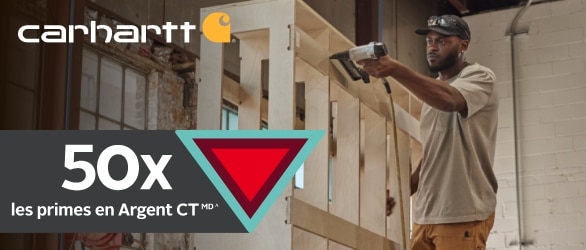 Obtenez les primes en Argent CTMD^ à l’achat de produits CarharttMD avec Récompenses TriangleMD. Offre valide du 19 au 25 mars 2026. ^ Achat avant taxes. Des conditions s’appliquent.