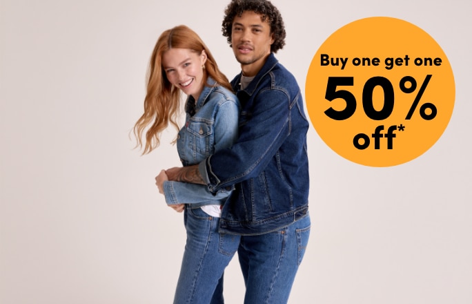 All Regular-Priced Women's + Men's Jeans, Jean Crops, Jean Shorts + Jean Jackets Buy one get one 50% OFF*