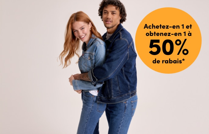Jeans, jeans courts, shorts en jean, jupes en jean et vestes en jean pour femmes, hommes et enfants achetez-en 1 et obtenez-en 1 à 50% de rabais*