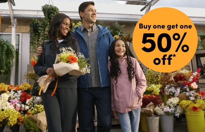 Women's, Men's + Kids' Casual Clothing + Jackets Buy one get one 50% OFF*